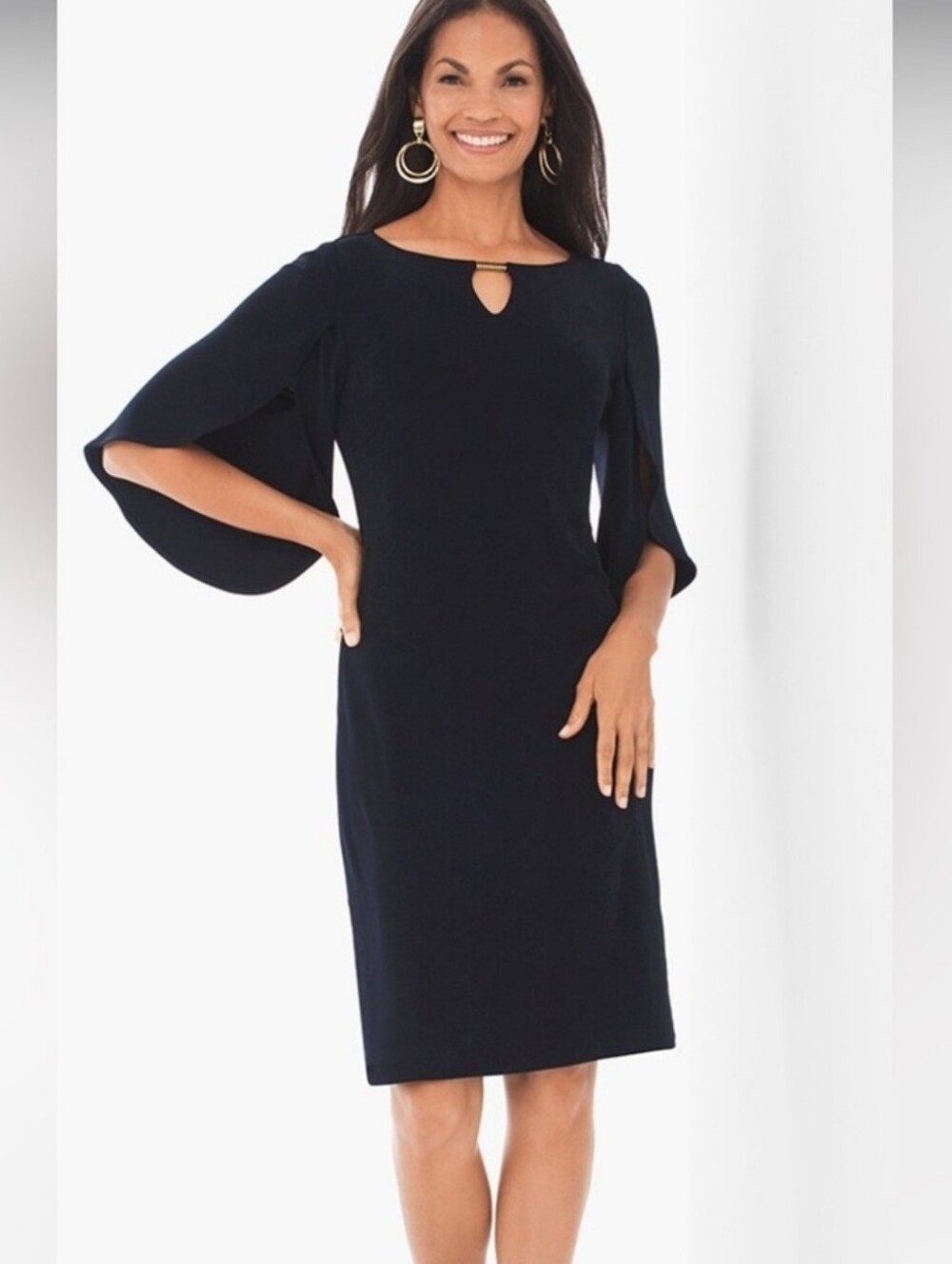 CHICOS TRAVELERS wrinkle-free slinky dress knee length black gold split sleeve 2